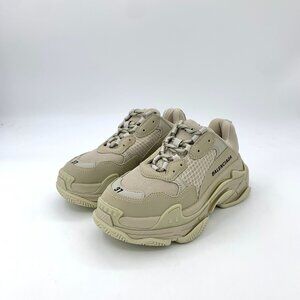 Balenciaga Triple S 37 Beige Leather-Free Lace-Up Sneakers With Dust Bag
